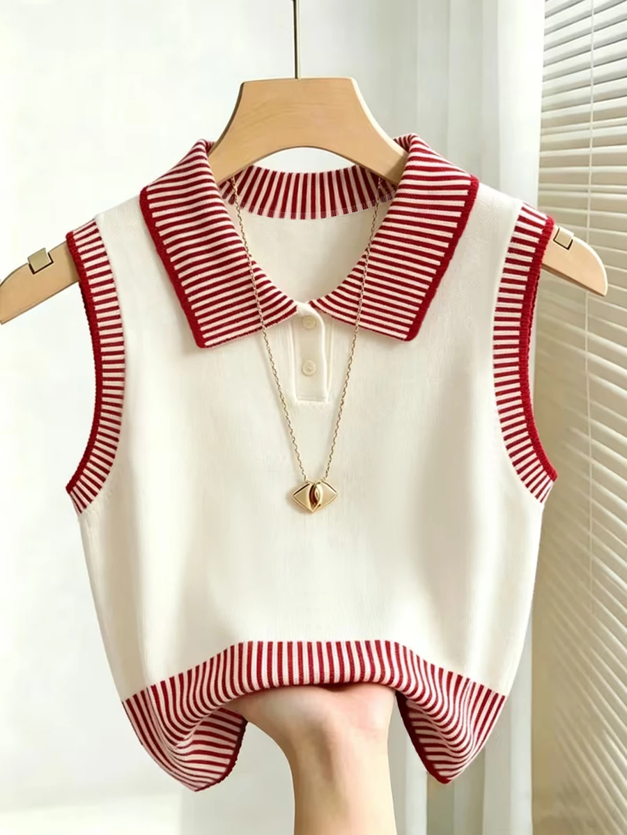 cream and red striped knit collared vest