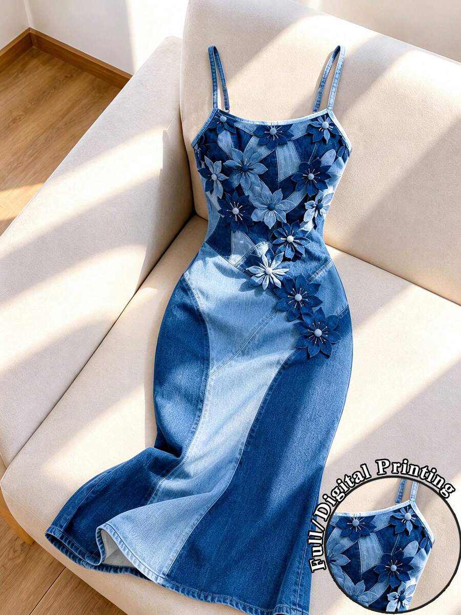 special print denim patchwork slim fit maxi dress (printed)