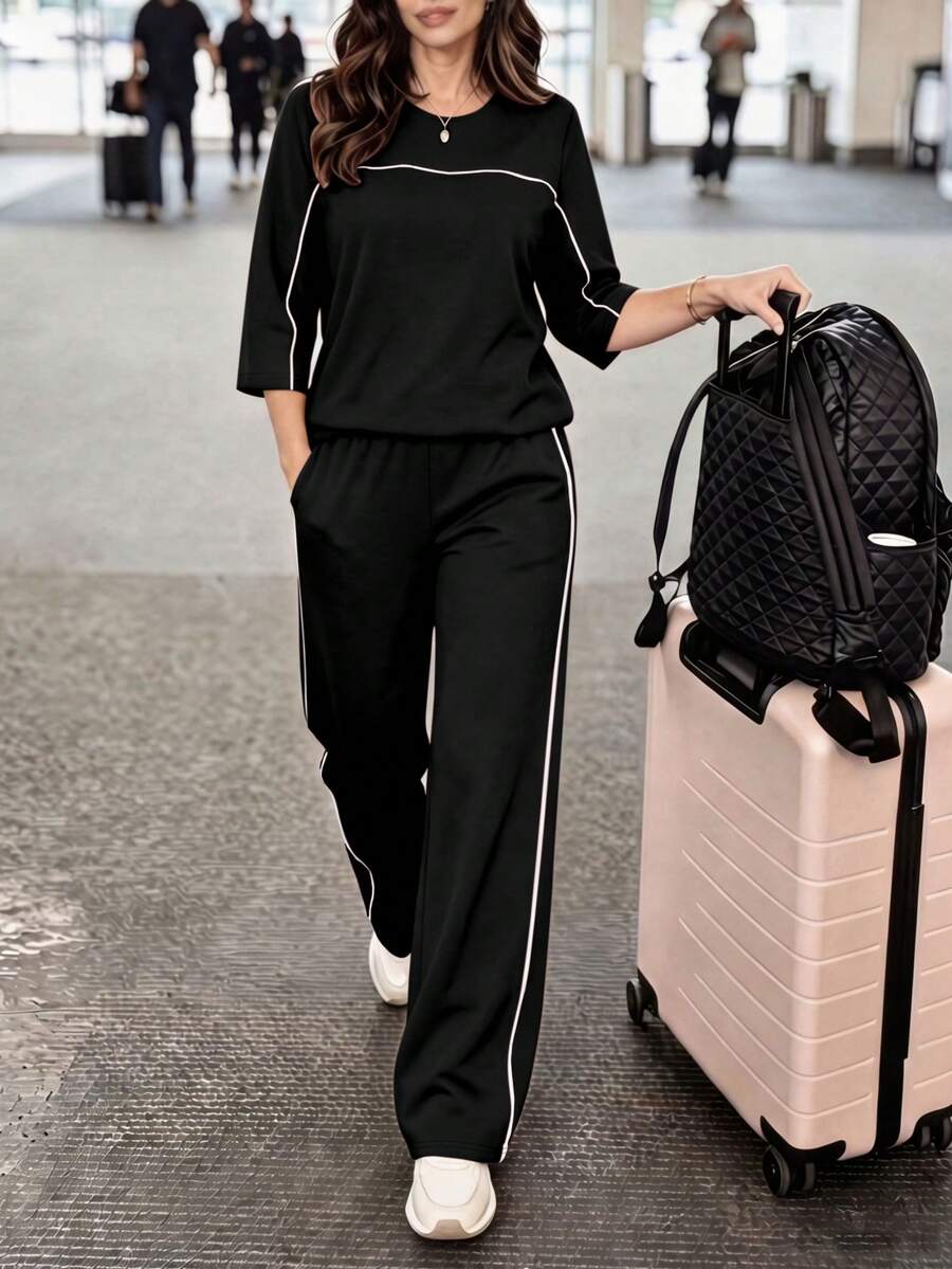 black color block striped wide leg pants set