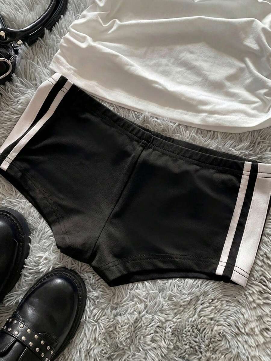 casual black and white striped athletic mini shorts