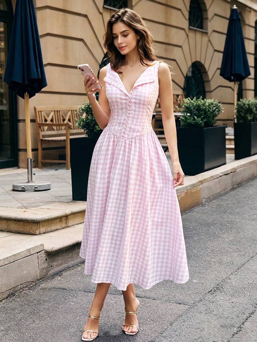 spring/summer pink plaid off-shoulder dress