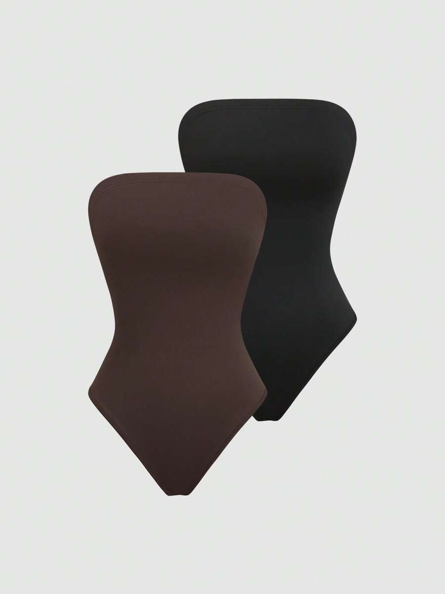 brown strapless sleeveless stretch bodysuit set