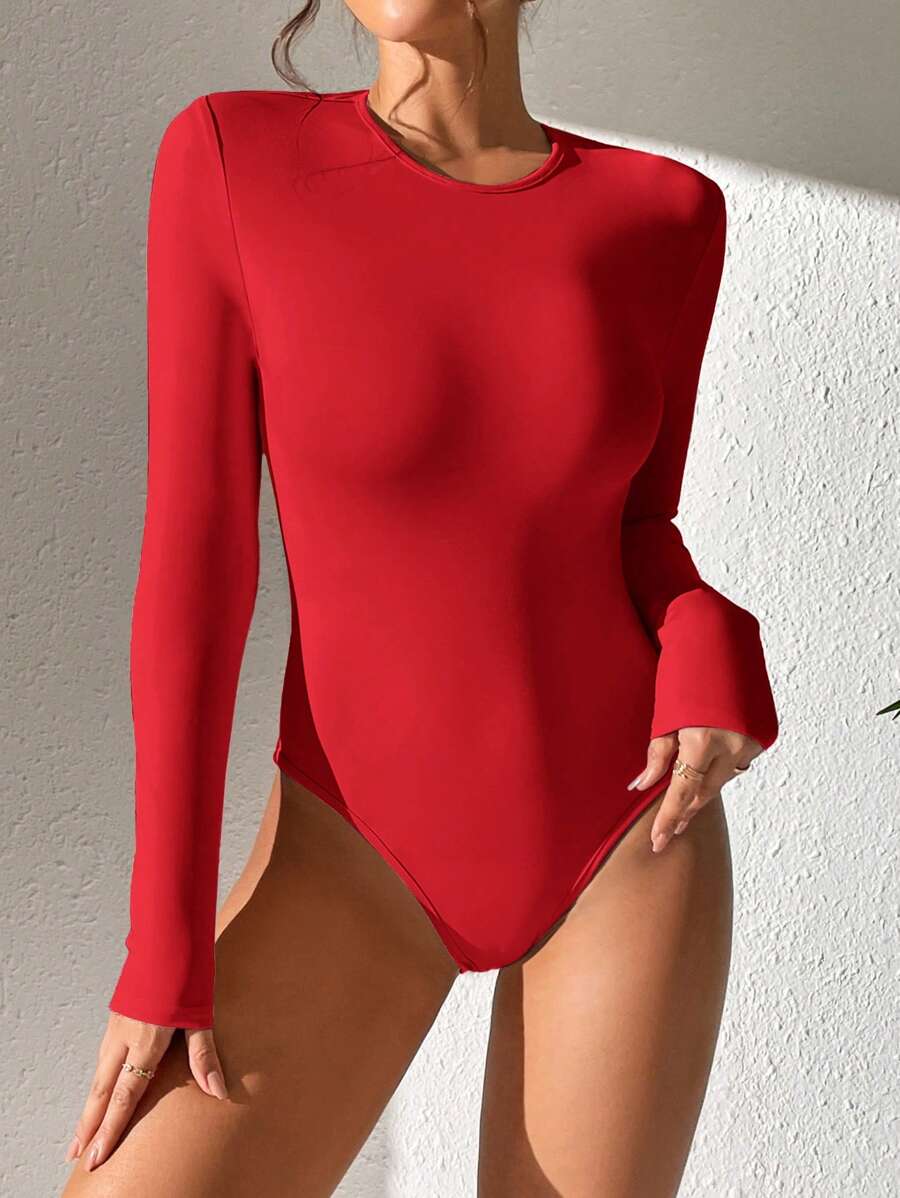 solid red slim fit long sleeve bodysuit