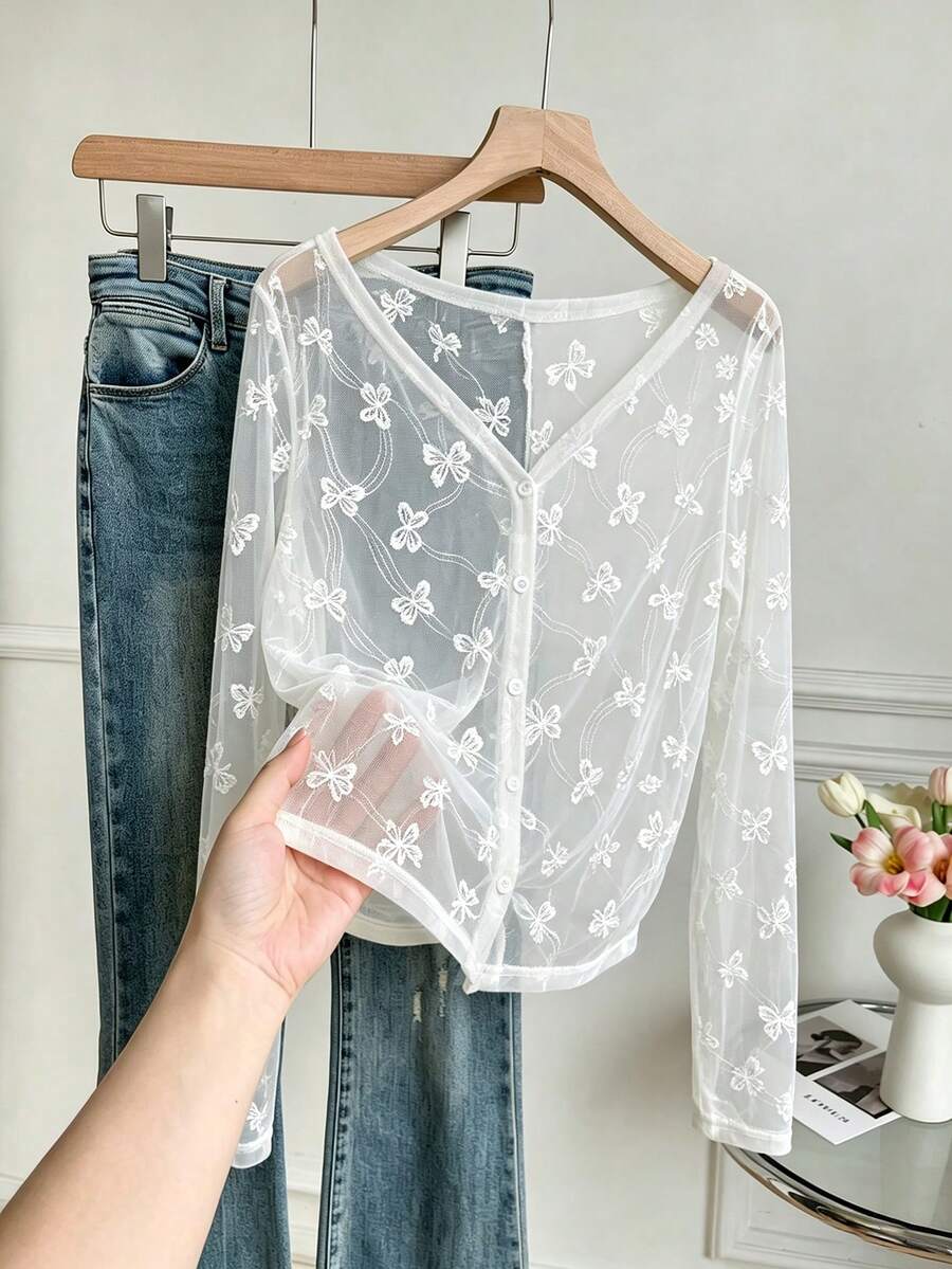 white sheer embroidered butterfly long sleeve top
