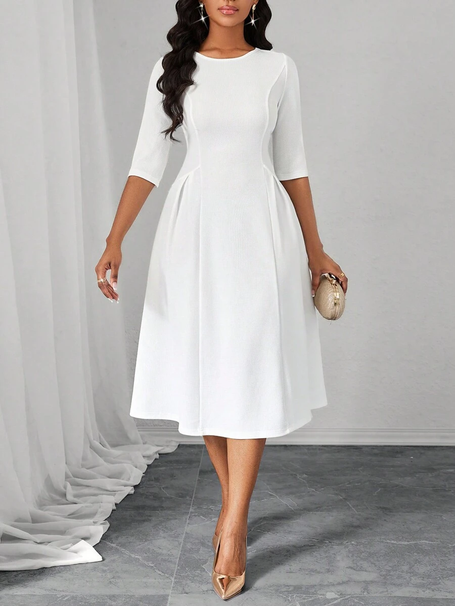 white textured midi dress with princess seams
