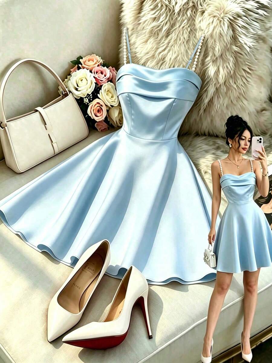 light blue satin spaghetti strap mini dress