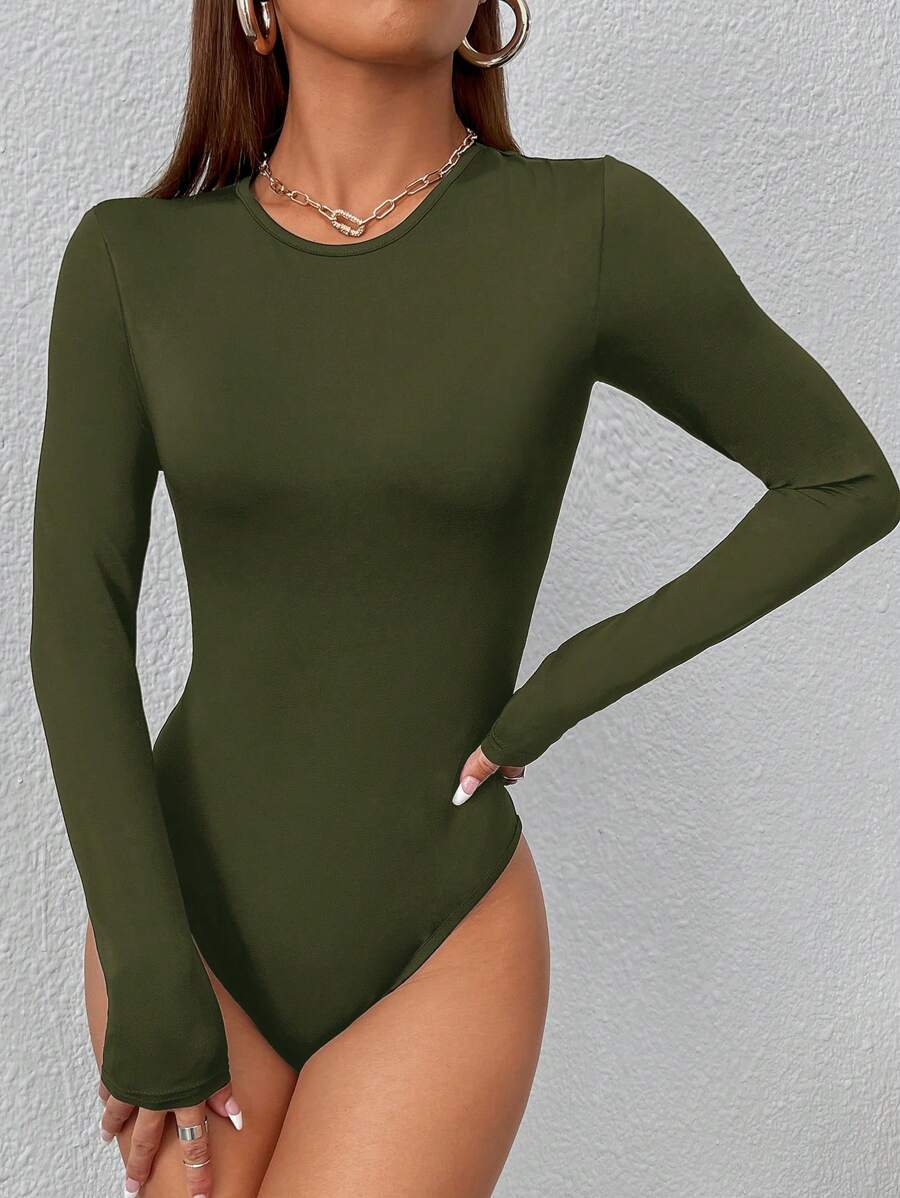 olive green long sleeve slim fit bodysuit