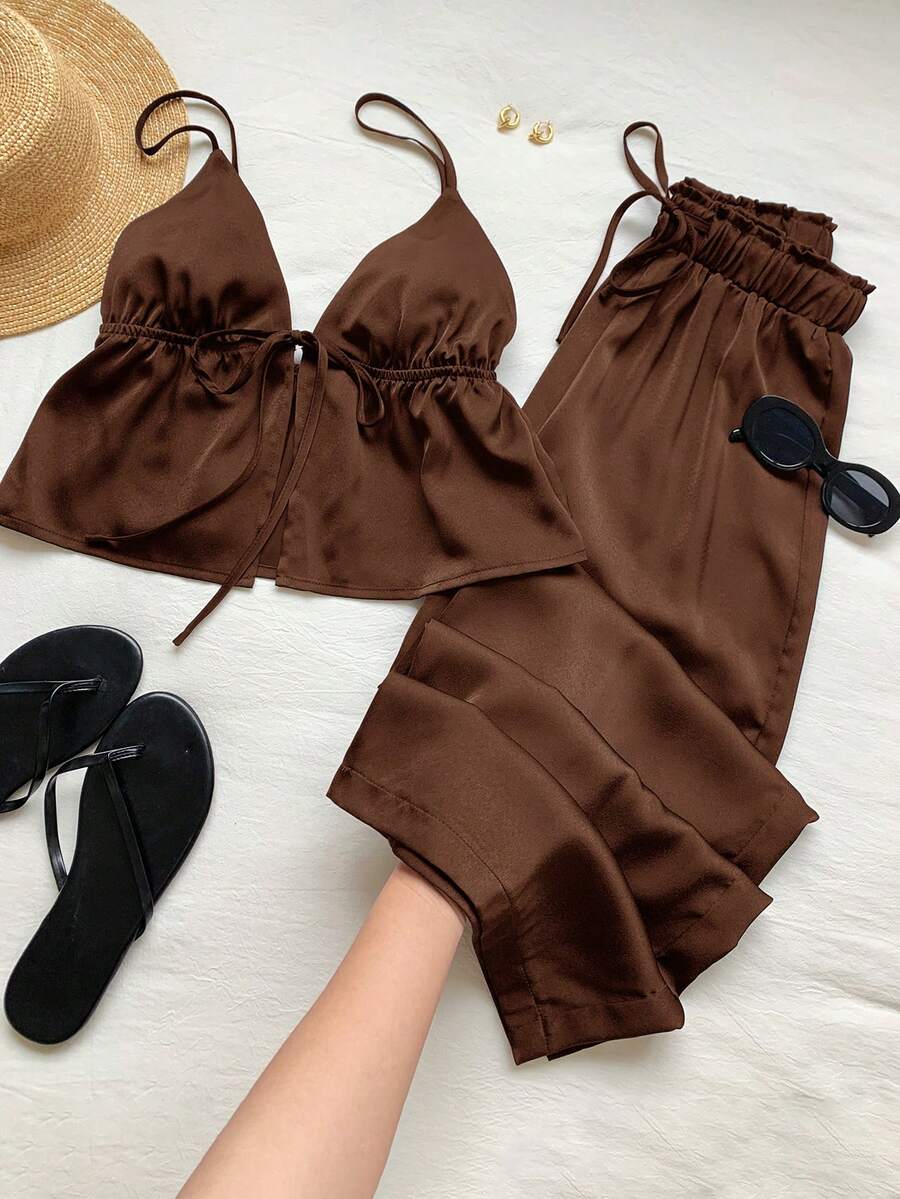 brown linen camisole and wide leg pants set