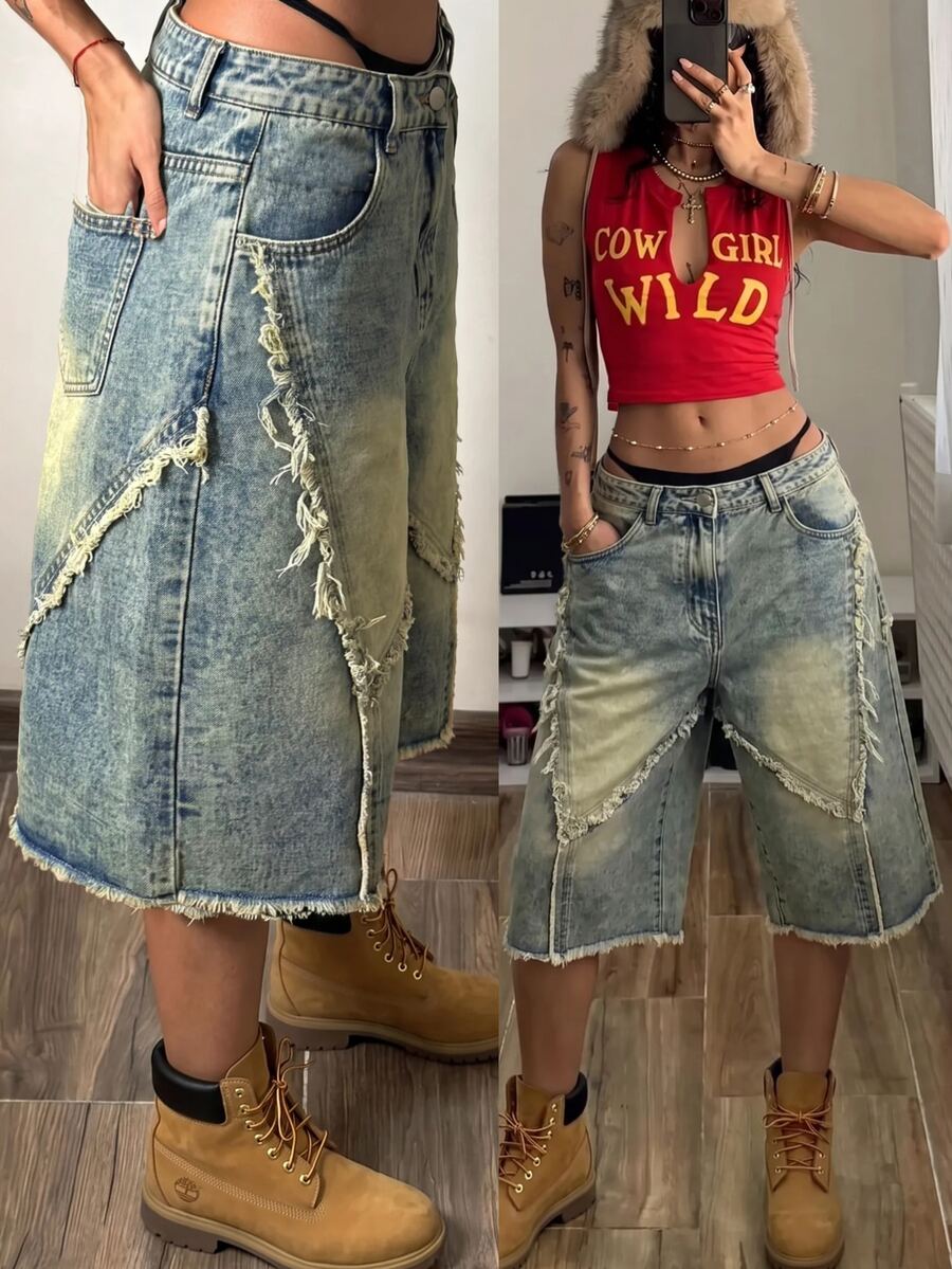 distressed acid wash denim bermuda shorts