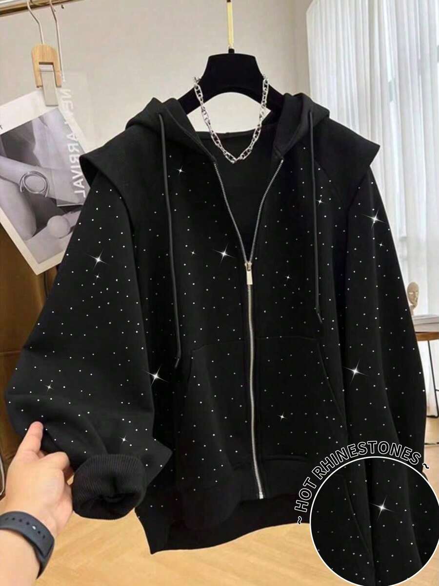 rhinestone zip up black oversized fleece hoodie