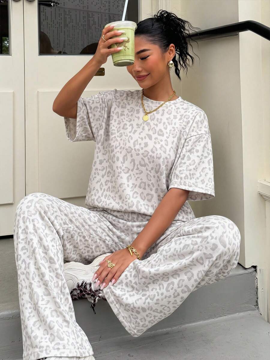 white leopard print relaxed co-ord set