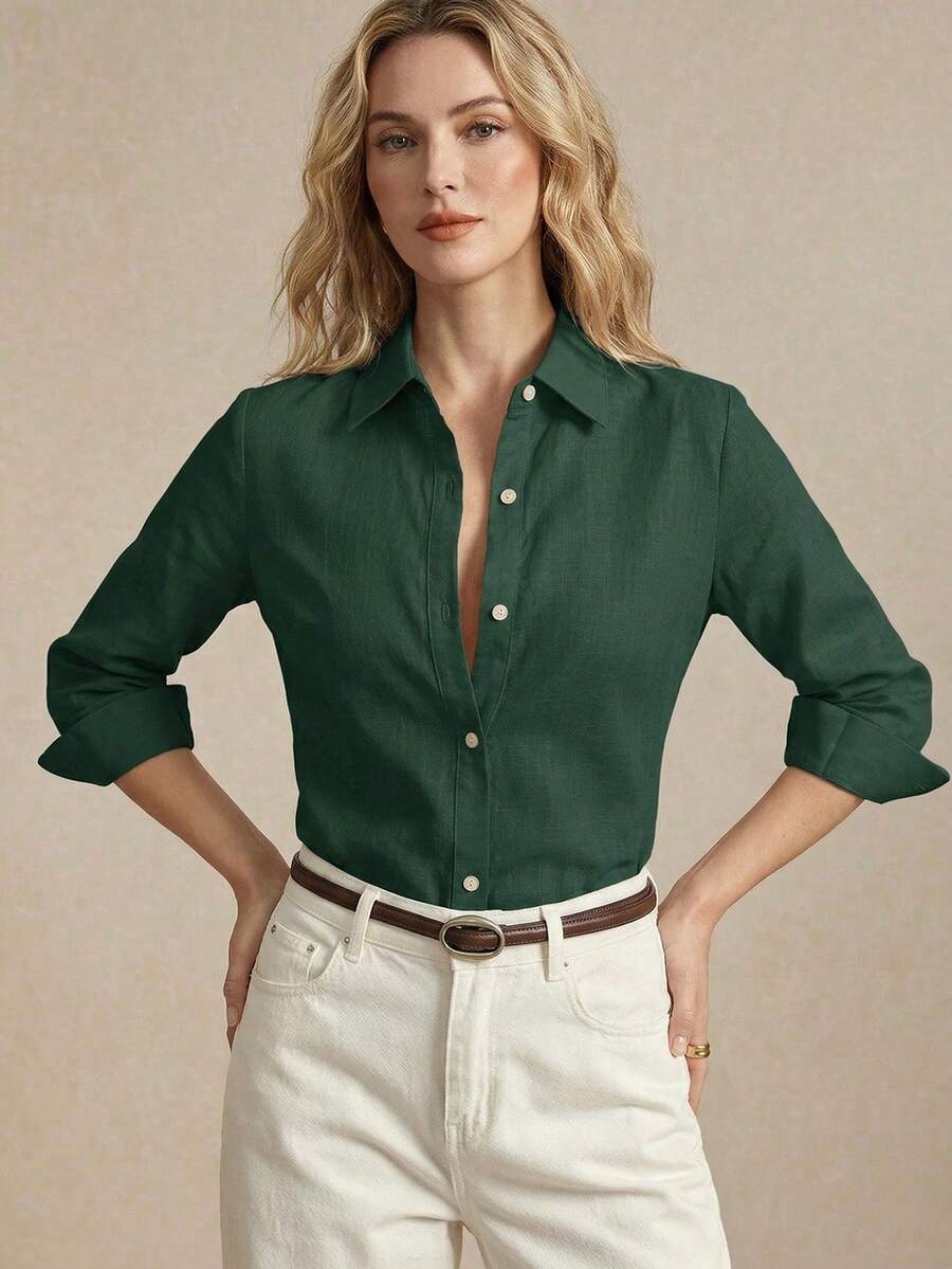 bizchic green women's shirt turn-down collar