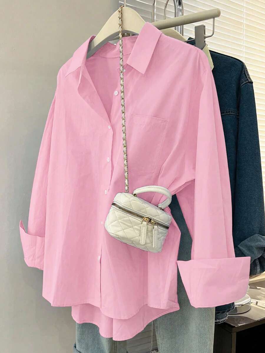 solid pink long sleeve casual button down shirt