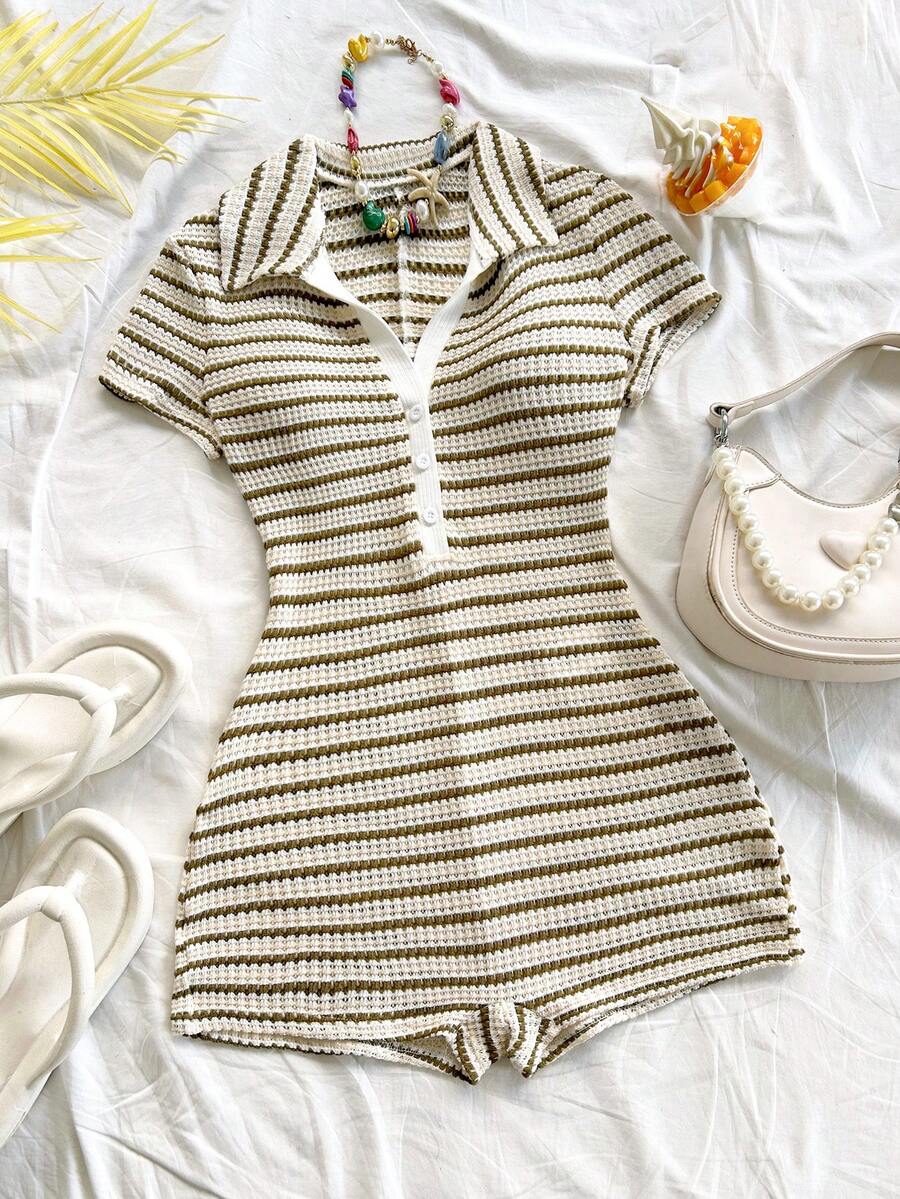 striped knit polo romper with button placket