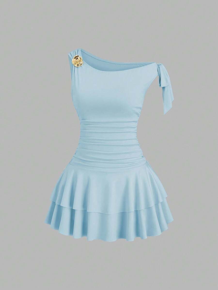 asymmetric shoulder ruched waist double layer mini dress
