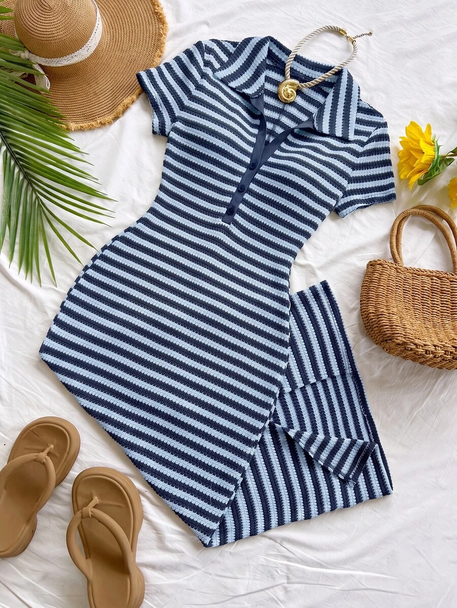 blue and white striped ribbed polo midi dress