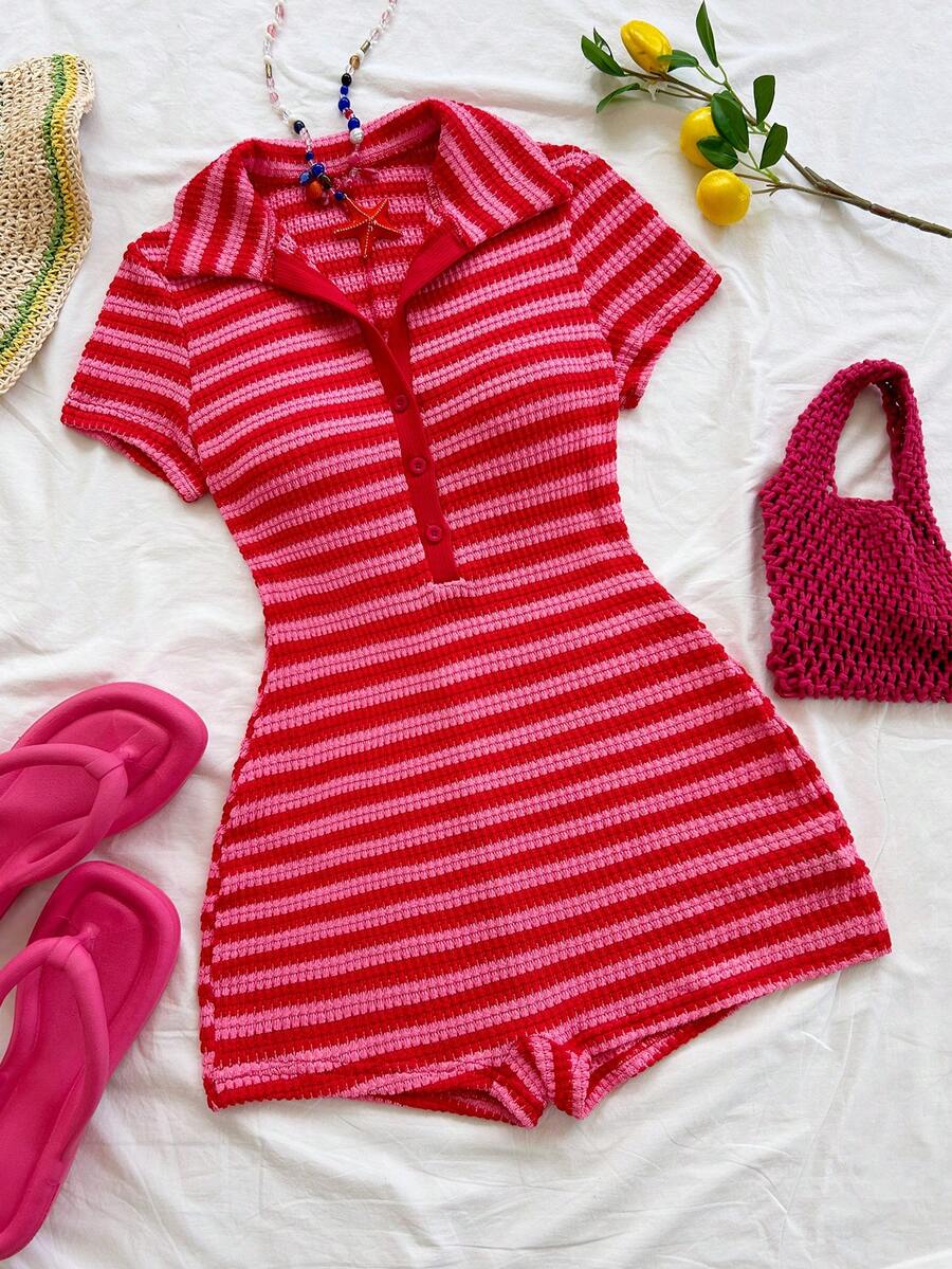 red and pink striped knit collared playsuit