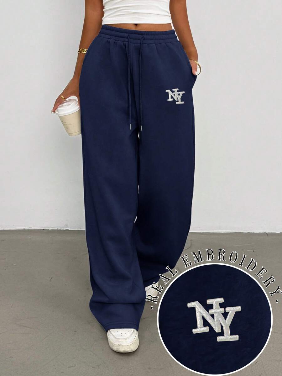 navy blue ny letter embroidered loose casual sweatpants