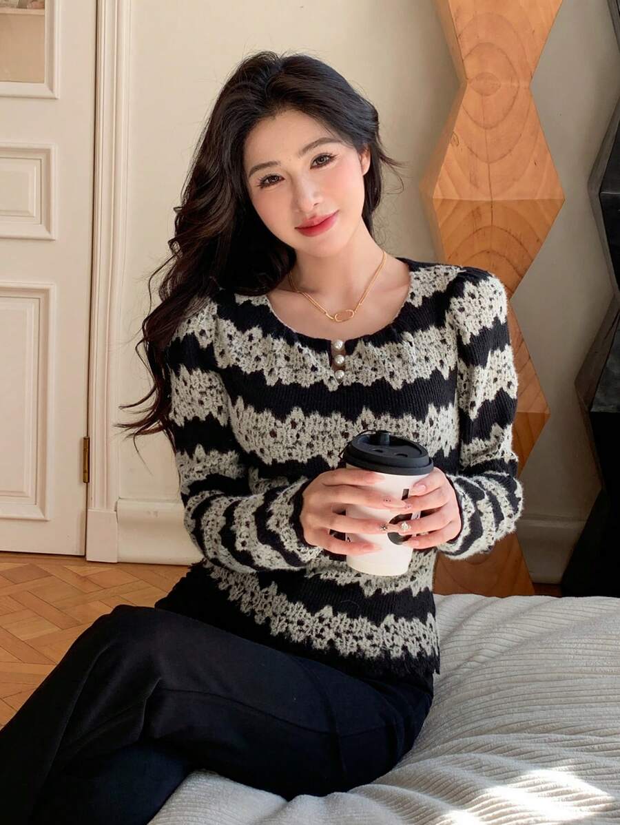 black and white striped pearl embellished knit top
