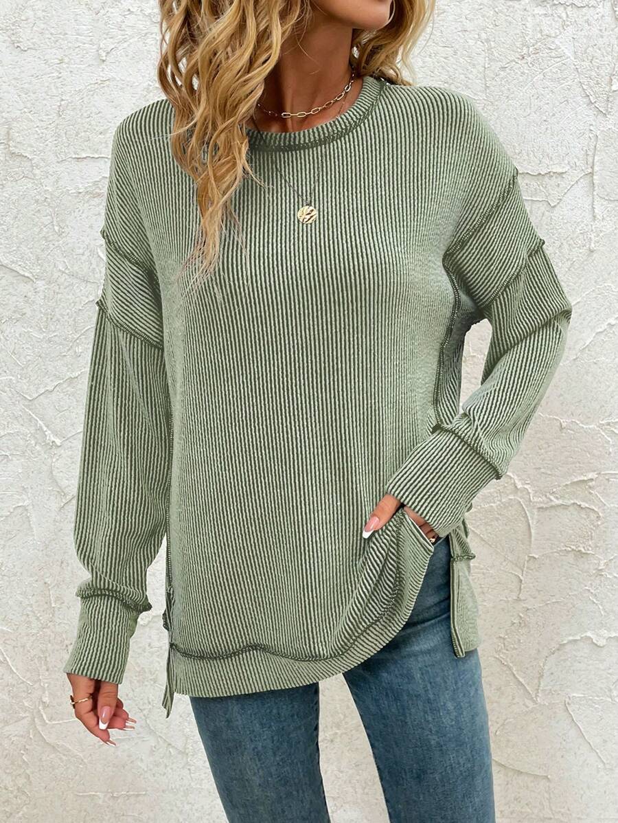 women's olive green ribbed long sleeve loose sweatshirt