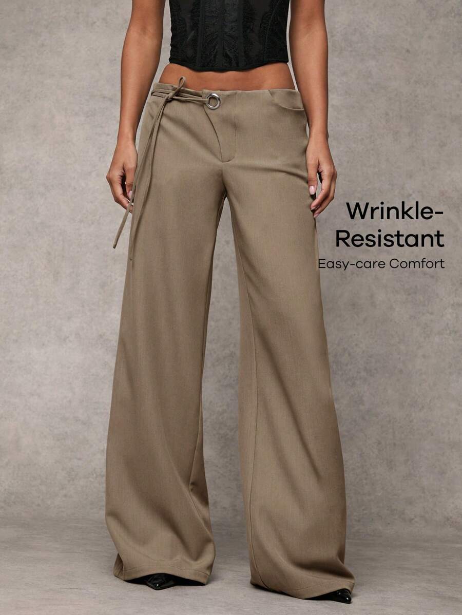 solid gray casual loose fit drawstring trousers