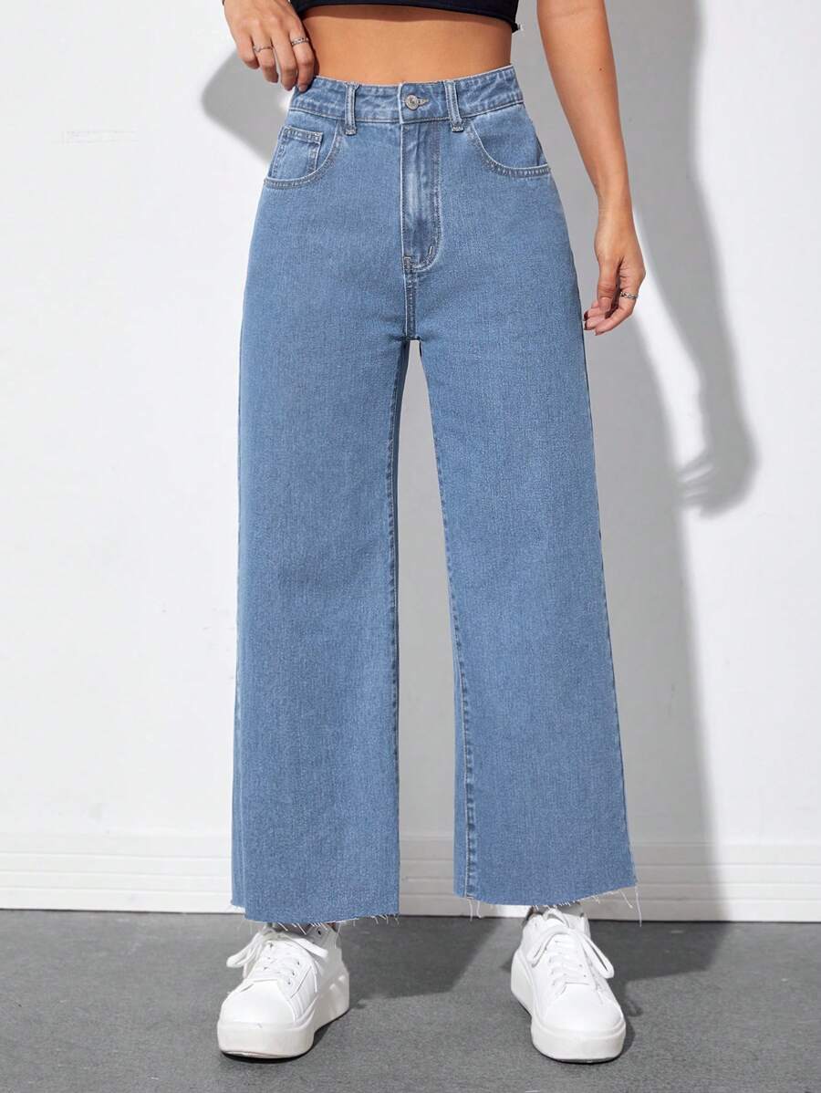 light wash raw hem wide leg jeans