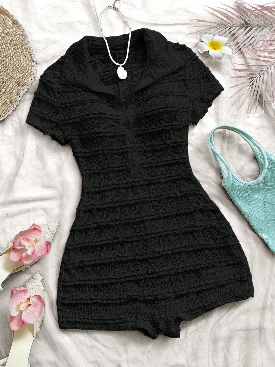 black textured smocked collared romper