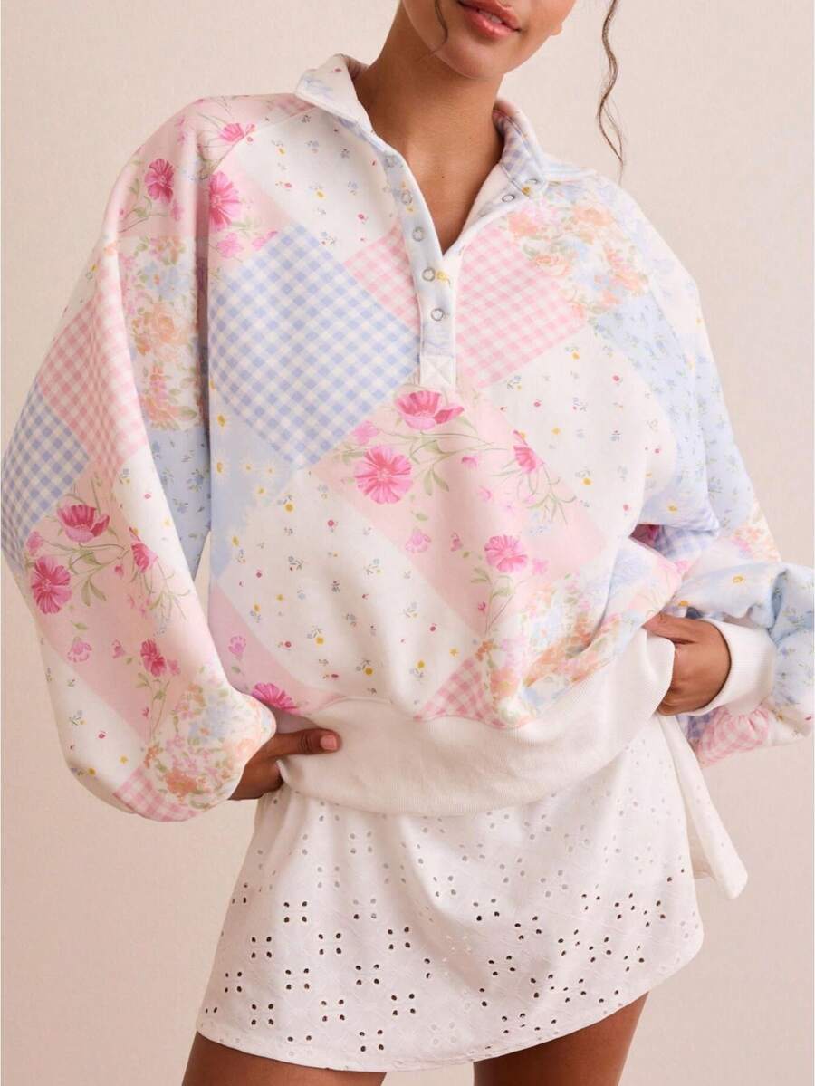floral checkered patchwork sweatshirt with turn down collar