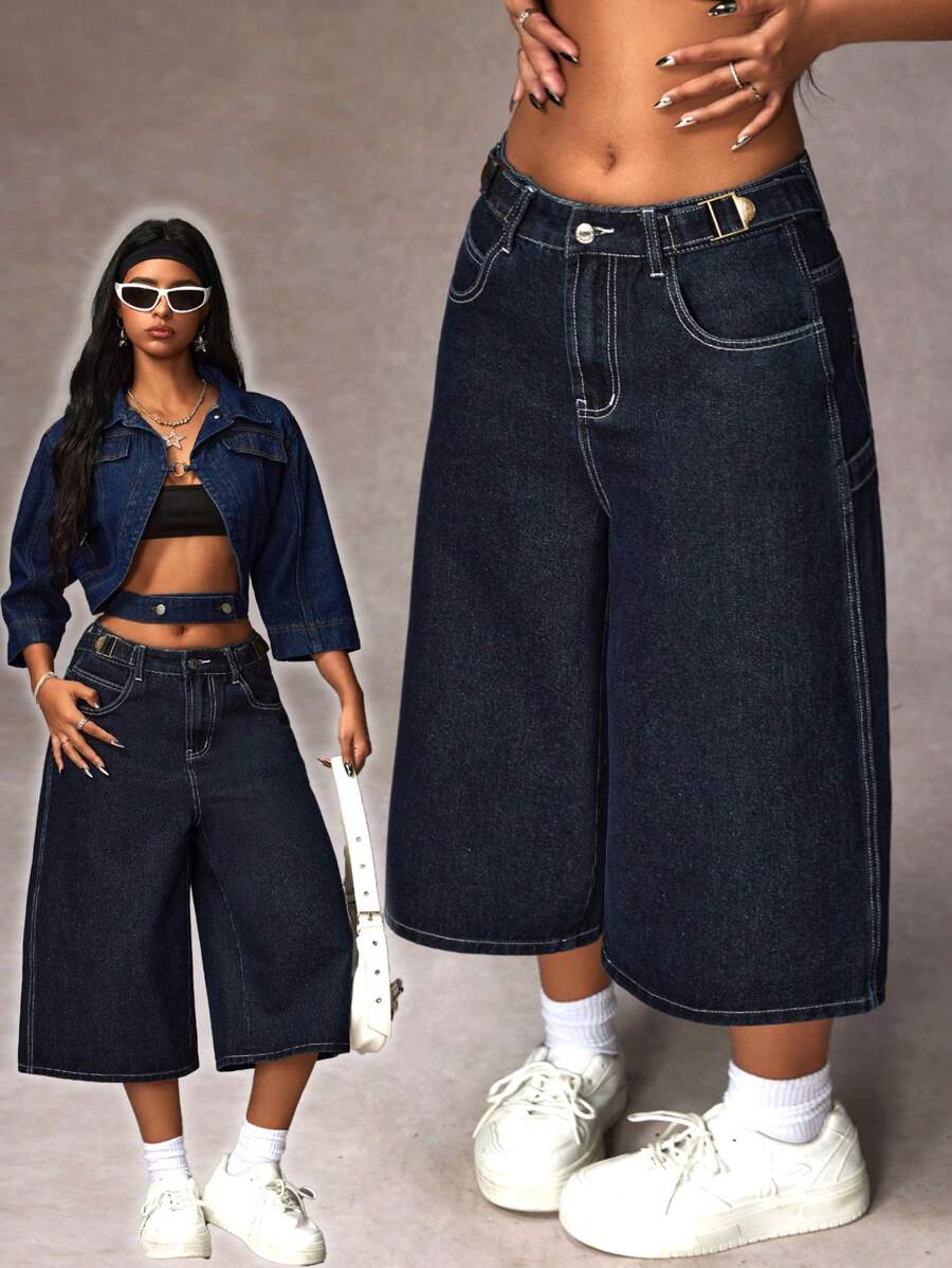 dark wash denim wide leg capri jeans