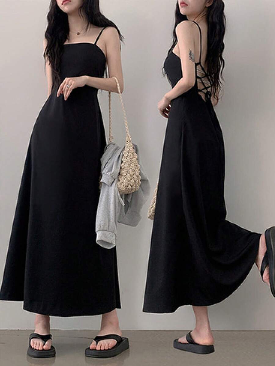 dazy women's long elegant slimming waist black sundress