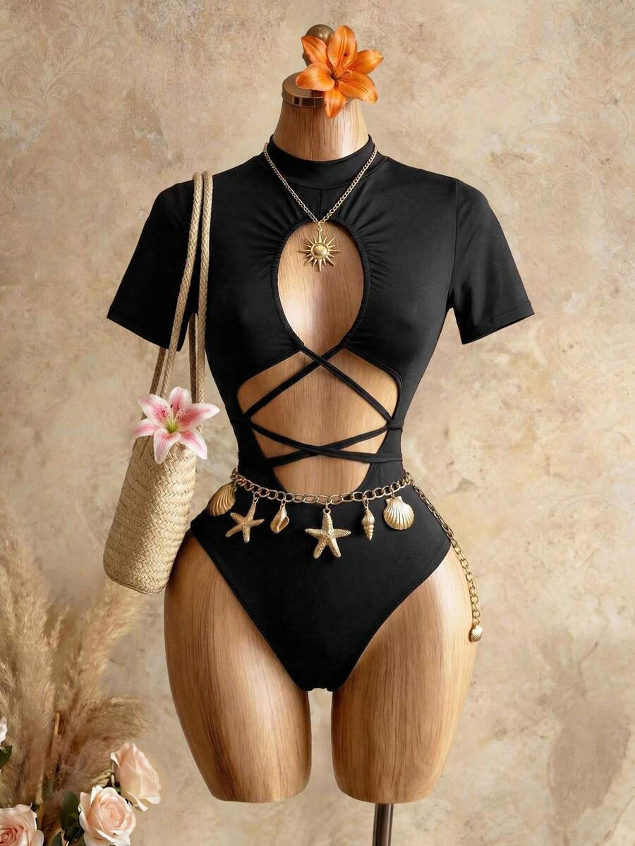 black short sleeve halter backless bodysuit