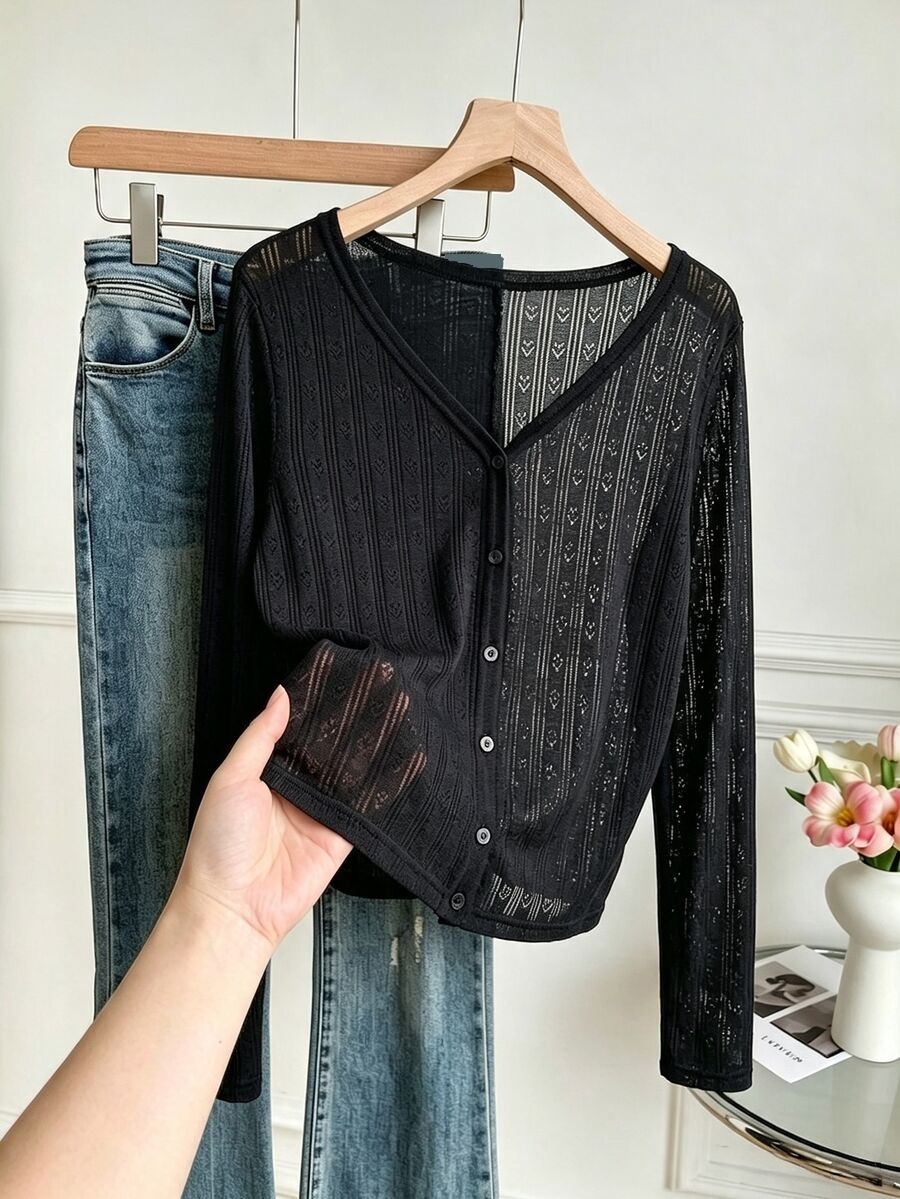 black sheer hollow knit v-neck cardigan