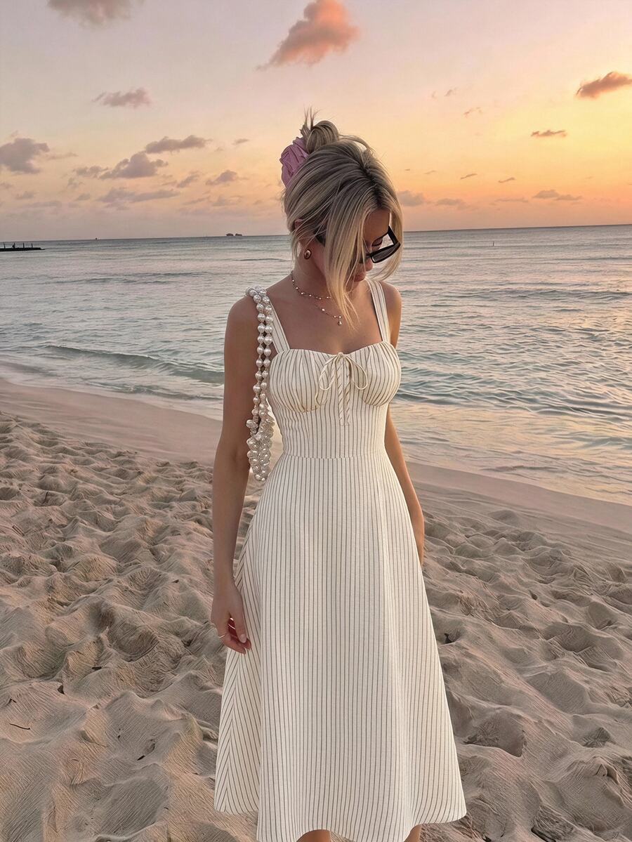 retro brown and white striped midi dress