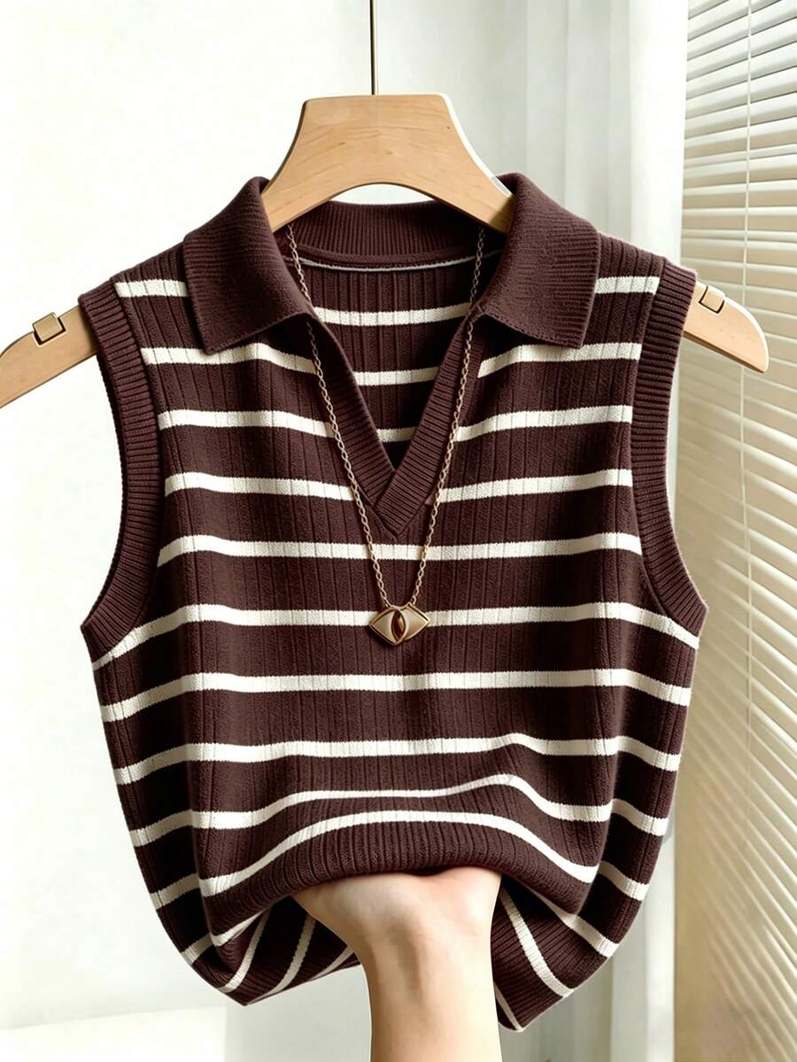 brown and white striped knit sweater vest