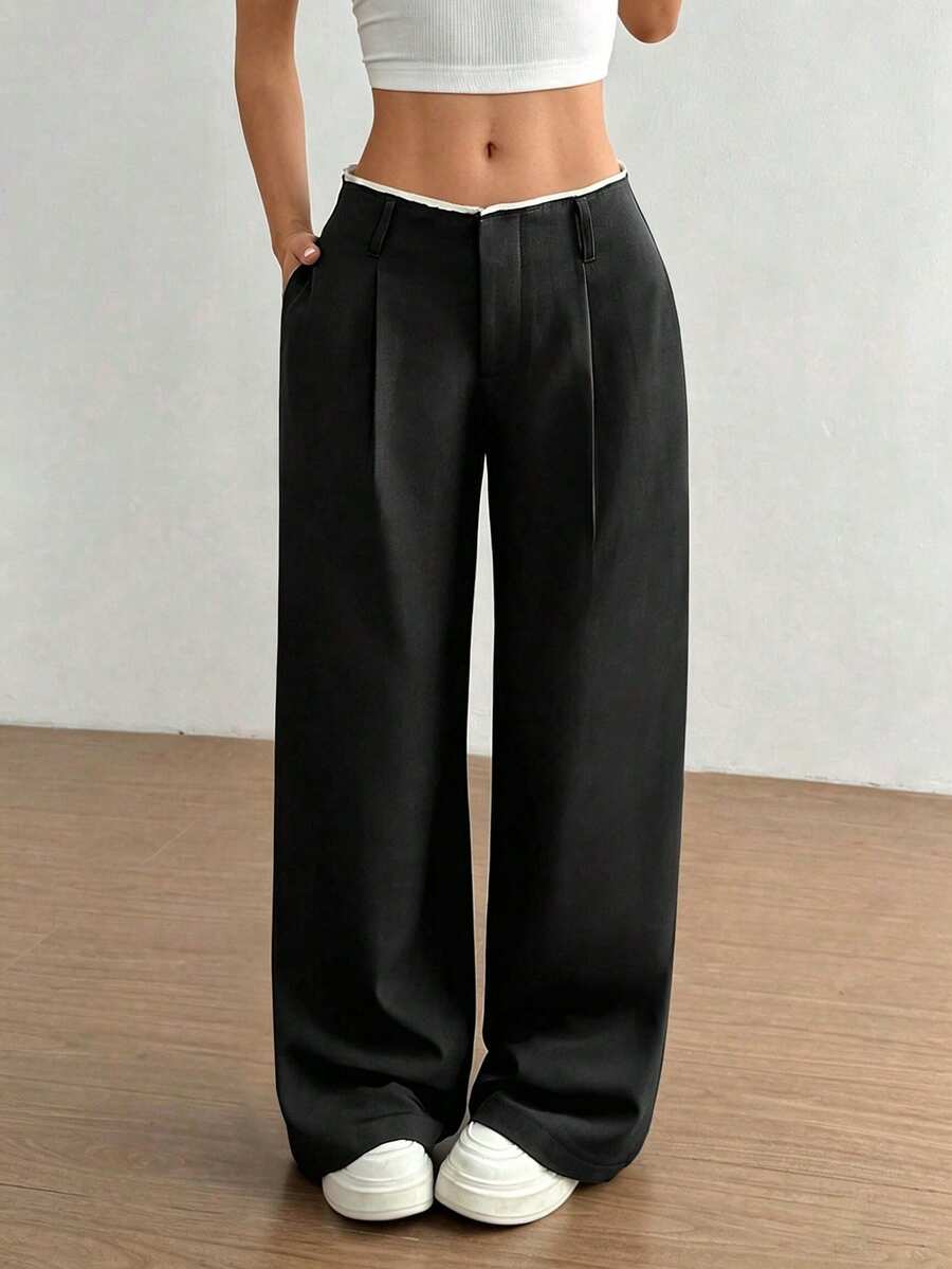 versatile black draped straight leg trousers