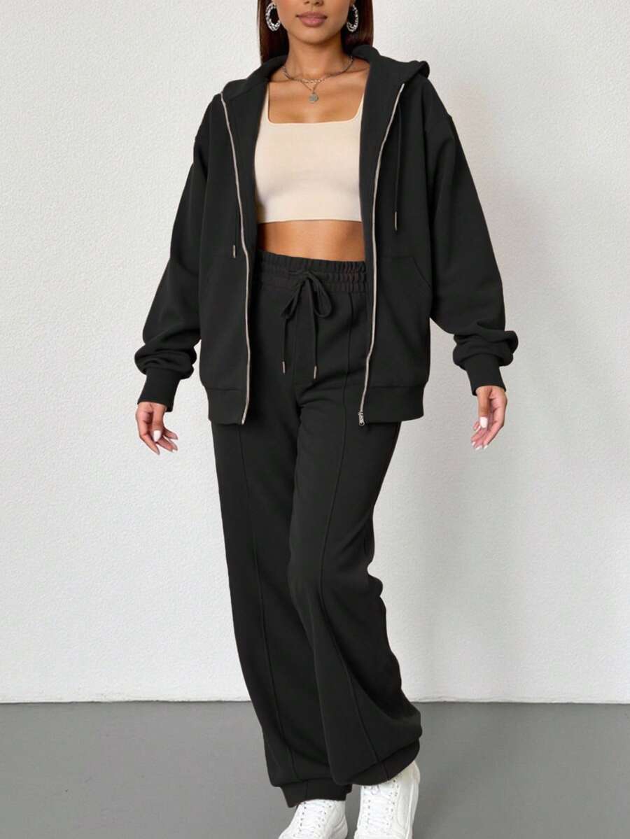 solid black casual zip-up hooded sweatshirt