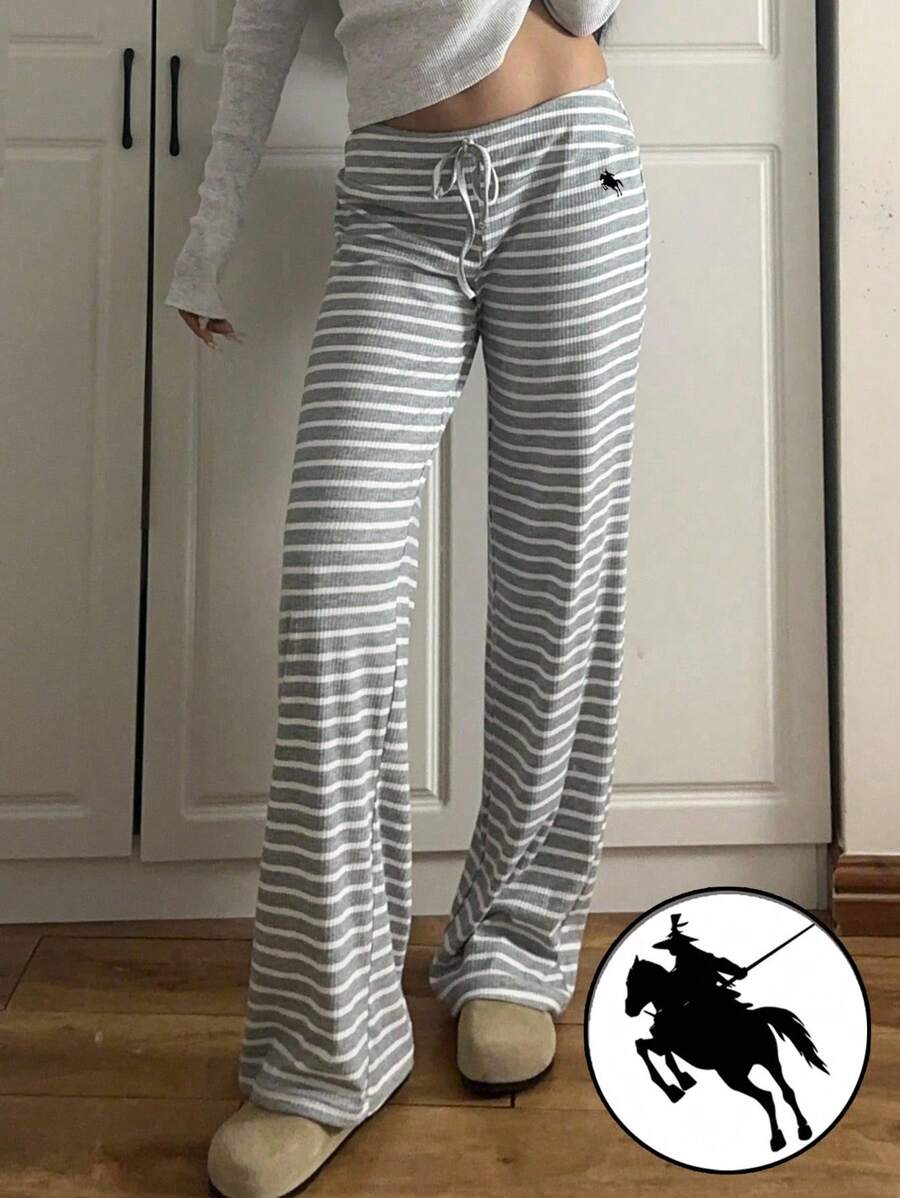 grey and white striped brushed wide leg lounge pants