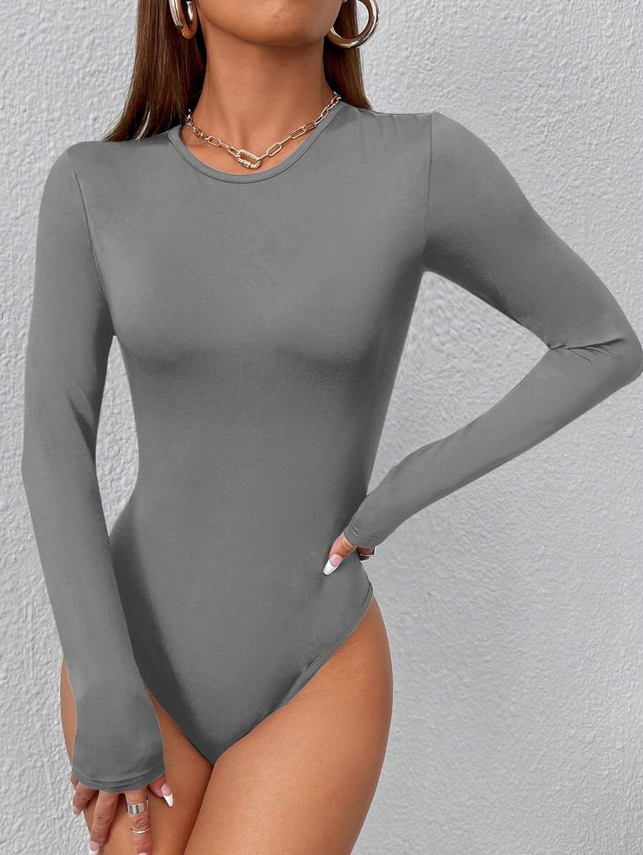 solid grey round neck long sleeve bodycon bodysuit