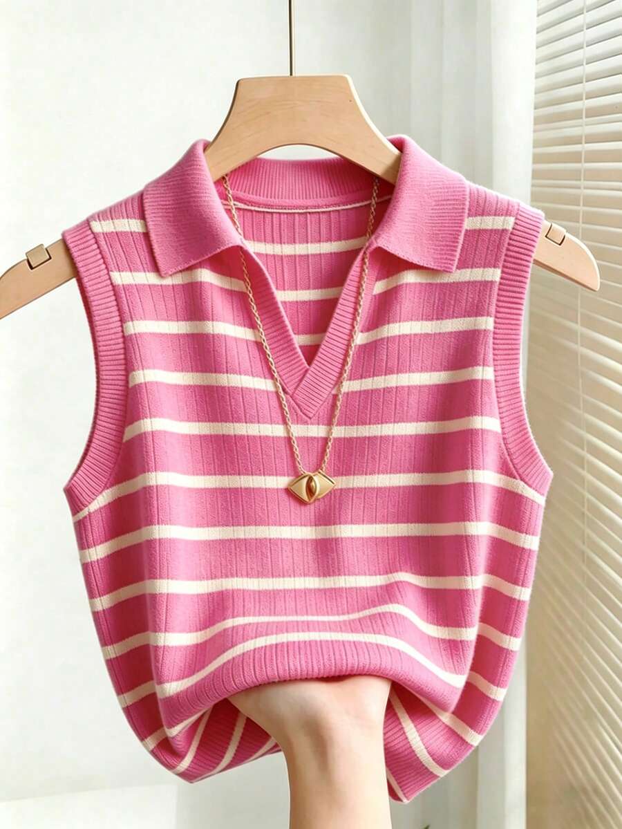 pink and white striped knit sweater vest