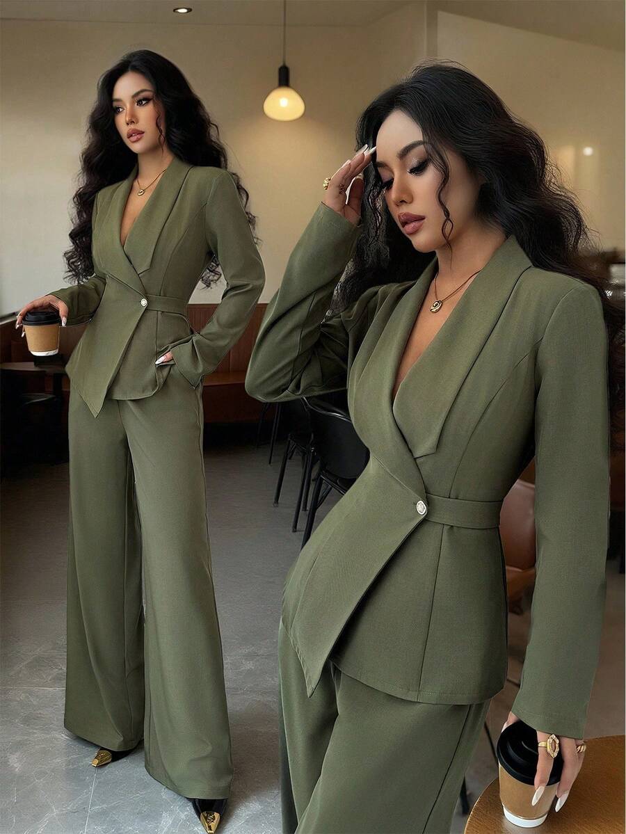 olive green lapel v-neck belted blazer jacket