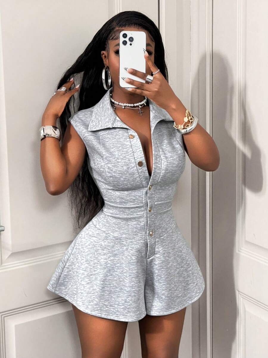 grey sleeveless collared romper with flared shorts