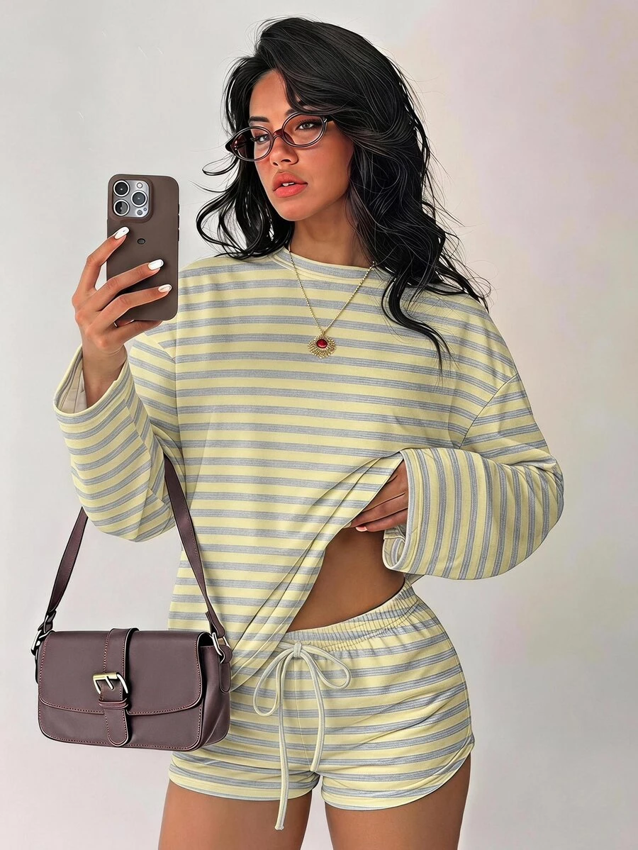 yellow and gray striped long sleeve lounge set
