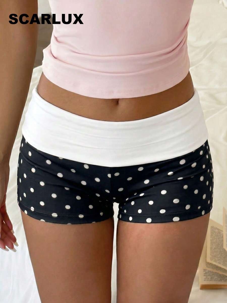 polka dot foldover waist slim shorts