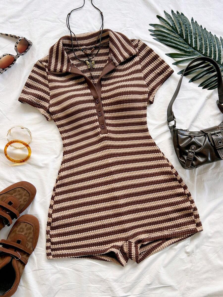 brown and beige striped knit collared romper