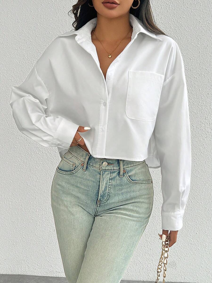 solid color loose fit drop shoulder cropped shirt (printed)