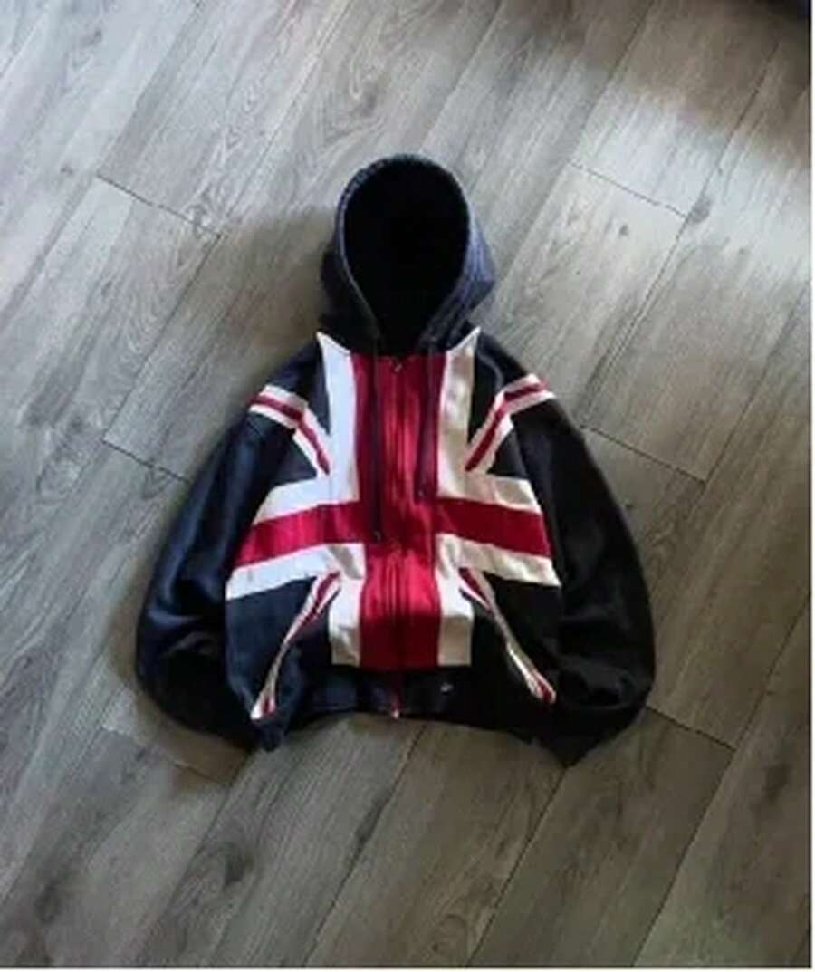 black polyester zip-up hoodie with union jack print