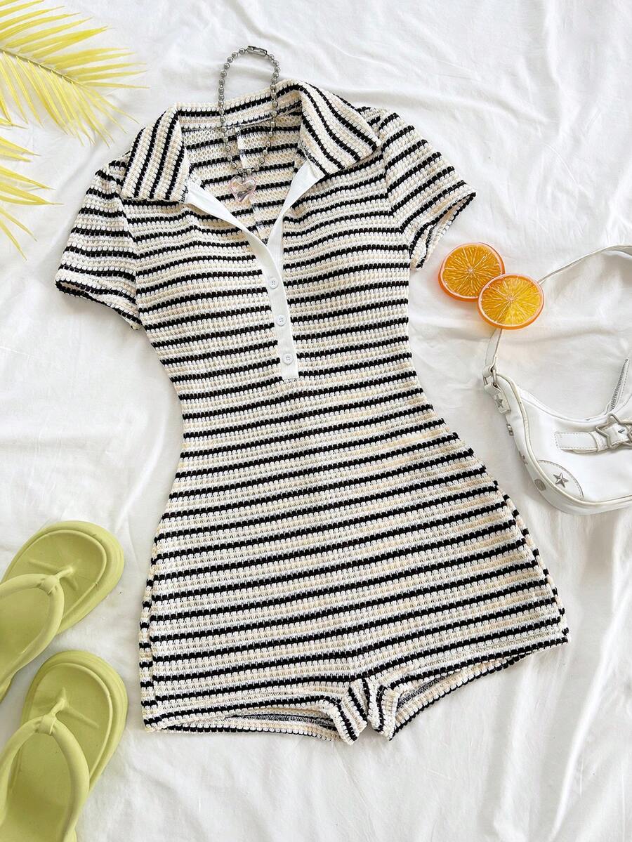 black and white striped knit polo romper
