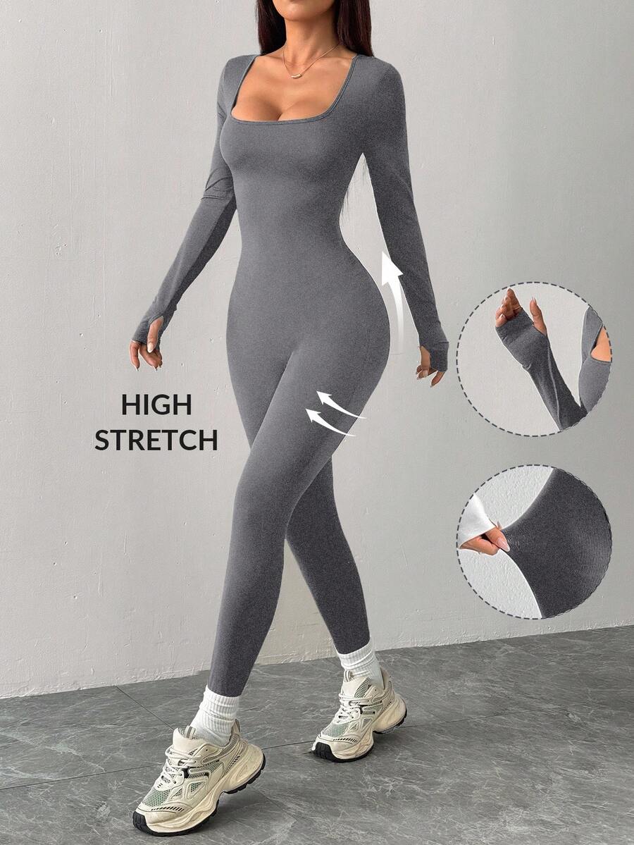dark grey knitted square neck long sleeve jumpsuit