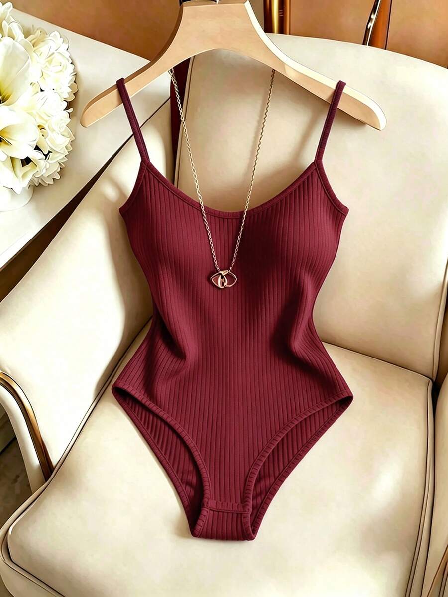 burgundy ribbed knit casual daily wear bodysuit