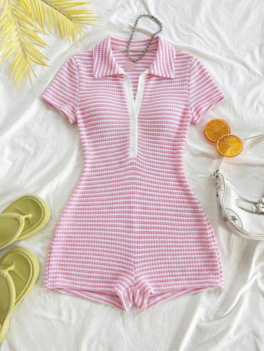 pink and white striped ribbed knit polo playsuit